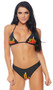 Straight Fire Racer Girl costume includes adjustable triangle bikini top with halter neck and flame print. Matching cheeky shorts also included. Two piece set.