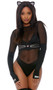 Sly Kitty costume includes long sleeve mesh and matte bodysuit with cat nose, whisker and paw design, and cat ear headband with rhinestone detail. Two piece set. Boots not included.