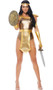 Gold Up Gladiator costume includes sleeveless metallic bodysuit with zipper back, belt with apron panel and back hook and loop closure, arm cuff, and long fingerless gloves. Four piece set.
