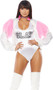 Baby I Slay pop star costume includes sleeveless bodysuit with SLAY printed on the front, and long sleeve jacket with metallic collar and faux fur accents. Run the beyhive world this Halloween.