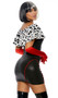 It's a Cruella World movie villain costume includes metallic mini dress with lace up front and Dalmatian spotted faux fur contrast. Elbow length gloves also included. Two piece set.