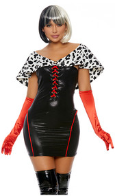 It's a Cruella World movie villain costume includes metallic mini dress with lace up front and Dalmatian spotted faux fur contrast. Elbow length gloves also included. Two piece set.