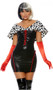 It's a Cruella World movie villain costume includes metallic mini dress with lace up front and Dalmatian spotted faux fur contrast. Elbow length gloves also included. Two piece set.