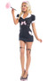 Private Maid costume includes short sleeve mini dress with lace trim, satin bow, collar, faux pockets and zipper back. Feather duster and head piece also included. Three piece set.