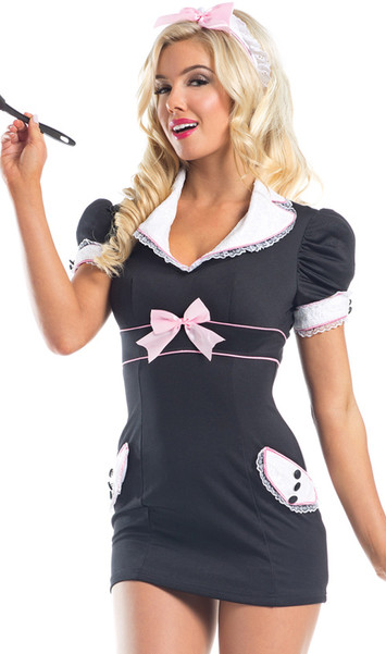 Private Maid costume includes short sleeve mini dress with lace trim, satin bow, collar, faux pockets and zipper back. Feather duster and head piece also included. Three piece set.
