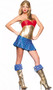 Golden Superhero costume includes red stretch tube crop top with metallic trim, metallic gold waist cincher with boning and front zipper, pleated star print pull on mini skirt, and metallic headband. Four piece set.