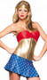 Golden Superhero costume includes red stretch tube crop top with metallic trim, metallic gold waist cincher with boning and front zipper, pleated star print pull on mini skirt, and metallic headband. Four piece set.
