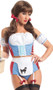Desirable Dottie costume includes checkered halter crop top with hook and loop closure behind the neck, lace up front detail, ruffled top, red sequin sides, and back hook and eye closure. Matching shorts with attached adjustable garters and back zipper closure. Apron with dog applique, matching arm bands and sequin hair bows also included. Five piece set.