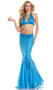 Shimmering Mermaid costume includes halter crop top with jewel accents and shimmering iridescent dot finish, and matching maxi skirt with mesh inserts. Two piece set. Seashell not included.