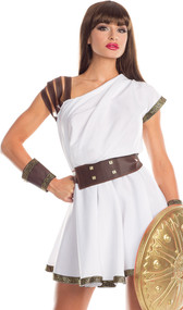 Gallant Gladiatrix costume includes toga with faux leather straps and gold pattern trim, matching belt, and wristbands. Three piece set.