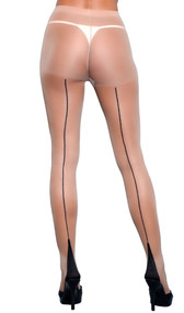Sheer Spandex pantyhose with Cuban heel and back seam.