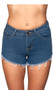 High waisted cut off soft denim shorts with zipper back, frayed trim, five pocket design, and belt loops. Button and zipper closure.