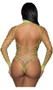 Wide fence net long sleeve bodysuit with fishnet collar and open back.