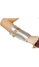Metallic silver wrist cuffs with gold pyramid stud trim. Slightly padded. Pair. Measure about 6" long.