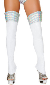 Space girl leggings feature a vinyl fabric with padded iridescent silver ribbed tops and back zipper closure. Footless, designed to wear over your own shoes or boots, and tapered to cover the top of your foot. Inside is soft fleece lined. Two per package.