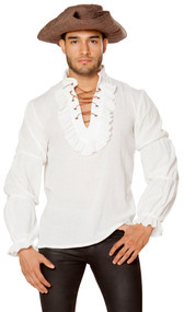Men's long sleeve pirate style shirt with ruffled sleeves and collar, and lace up detail.