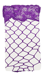 Thigh high open fishnet stockings with lace top.