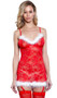 Santa style lace chemise with marabou feather trim, adjustable straps, v neckline and attached adjustable garters.