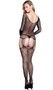 Long sleeve fishnet suspender bodystocking with scoop neckline and back, criss cross cut out detail, and mutli suspender straps.