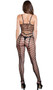 Wide net striped bodystocking with open crotch and spaghetti straps.
