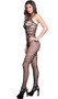 Wide net striped bodystocking with open crotch and spaghetti straps.