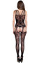 Sleeveless floral net suspender bodystocking with multiple shoulder straps, cut out front, and faux lace up detailing.