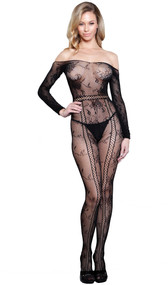 Off the shoulder floral net bodystocking with long sleeves, open crotch and cut outs featuring criss cross details.