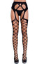 Opaque thigh highs with front diamond cut outs for a faux lace up look and attached cut out garter belt.