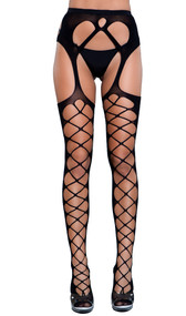 Opaque thigh highs with front diamond cut outs for a faux lace up look and attached cut out garter belt.