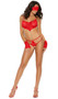 Strappy lace teddy features a cut out midsection with rhinestone connecting strap, halter neck, open crotch, and double strap G-string back. Fingerless lace gloves and eye mask also included. Three piece set.