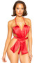 Unwrap Me teddy features a large faux satin bow front, adjustable hook and eye closure back, adjustable hook and eye closure crotch, and built in halter bikini top with adjustable triangle cups and tie back.