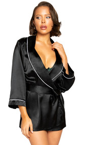 Black satin collared short length robe with satin tie closure, three quarter sleeves and contrast white trim.