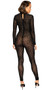 Long sleeve sheer mesh catsuit with raised soft velvet leopard print, keyhole back, mock neck with double button closure and hidden back zipper.