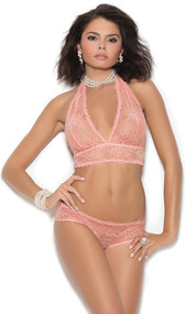 Lace slip on halter style bralette with V front and scalloped edges. Matching panty included. Two piece set.