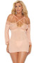 Sheer mesh cold shoulder babydoll with floral lace cups and trim, long sleeves, strappy criss cross front, and double adjustable straps in back. Matching mesh g-string included. Two piece set.