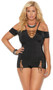 Lycra cold shoulder romper with short sleeves and lace up front detail. Closed unlined crotch.