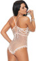 Striped mesh and floral net teddy with eyelash lace trim, V neckline, criss cross adjustable straps, and satin lace up back detail. Closed unlined crotch.