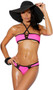 Lycra micro bandeau style bikini top with lace up front, criss cross  halter neck and contrast black trim. Matching cheeky shorts included. Two piece set.