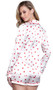 Long sleeve satin pajama set features a heart print long sleeve button up top with collar, left breast pocket and red trim. Matching drawstring shorts with elastic waist.