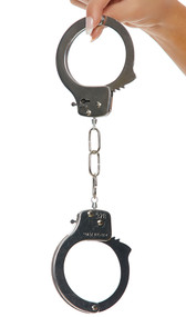 Functional stainless steel adjustable play handcuffs. Two metal keys are included. Can be used for Halloween for police or criminal costumes, or for a fun night in the bedroom.