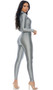 Long sleeve shiny tricot jumpsuit with mock neck and front zipper closure.