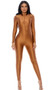 Long sleeve shiny tricot jumpsuit with mock neck and front zipper closure.