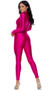 Long sleeve shiny tricot jumpsuit with mock neck and front zipper closure.