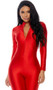 Long sleeve shiny tricot jumpsuit with mock neck and front zipper closure.