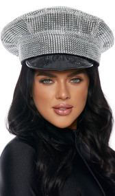 Bling patrol style cop hat with rhinestone overlay and vinyl brim. This is a rigid, non-collapsible, non-adjustable hat.