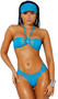 Lycra bandeau style bikini top with gathered strappy cups, silver accent, halter neck, and tie back. Matching multi strap thong also included. Two piece set.