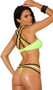 Lycra bandeau style bikini top with grommet panel leading to a strappy collar neckline, criss cross adjustable straps and hook back closure. Matching multi strap thong with o ring back also included. Two piece set.