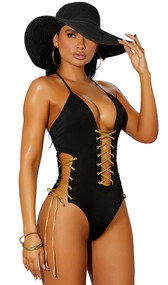 Lycra monokini with grommets and lace up detail over a deep plunging neckline, and cut out sides with lace up detail and ties. Contrast metallic gold ties. 