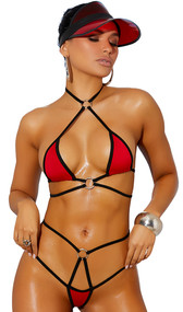 Lycra micro bikini top with strappy details and o ring accents, adjustable triangle cups, halter neck and double tie back. Matching double strap thong also included. Two piece set.