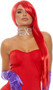 Long red costume wig, straight with side swept bangs.